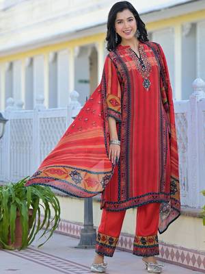 Women Ethnic Motifs Printed Regular Thread Work Kurta with Trousers & With Dupatta 6