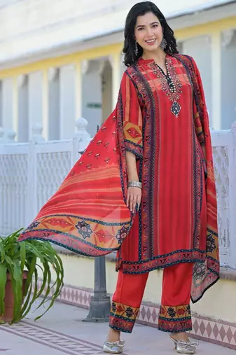 Women Ethnic Motifs Printed Regular Thread Work Kurta with Trousers & With Dupatta