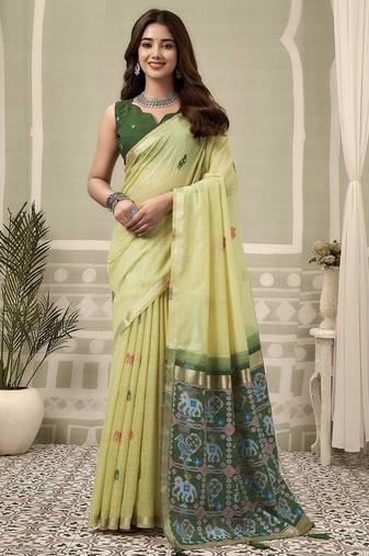 Lemon cotton woven zari border patola pallu with fancy tassels casual wear saree
