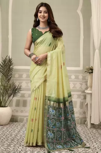 Lemon cotton woven zari border patola pallu with fancy tassels casual wear saree