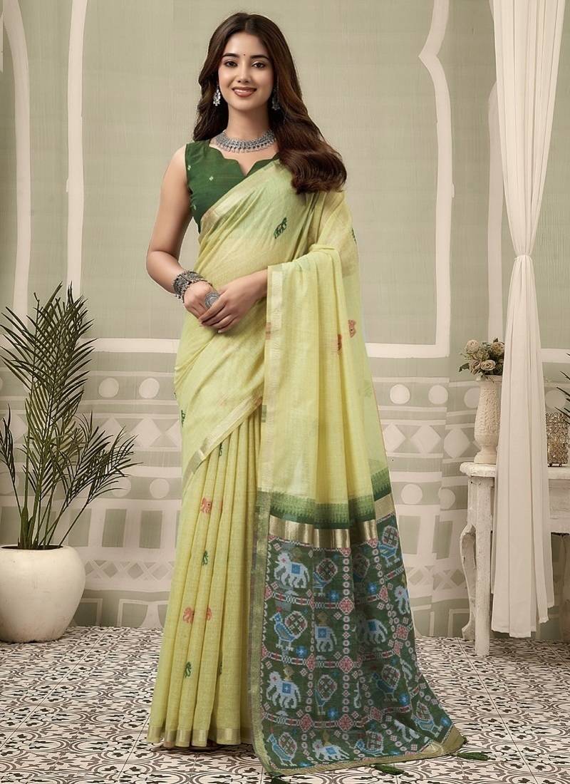 Lemon cotton woven zari border patola pallu with fancy tassels casual wear saree