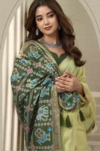 Lemon cotton woven zari border patola pallu with fancy tassels casual wear saree