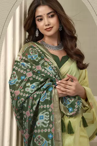 Lemon cotton woven zari border patola pallu with fancy tassels casual wear saree