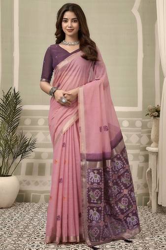 Peach cotton woven zari border patola pallu with fancy tassels casual wear saree