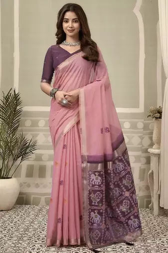 Peach cotton woven zari border patola pallu with fancy tassels casual wear saree