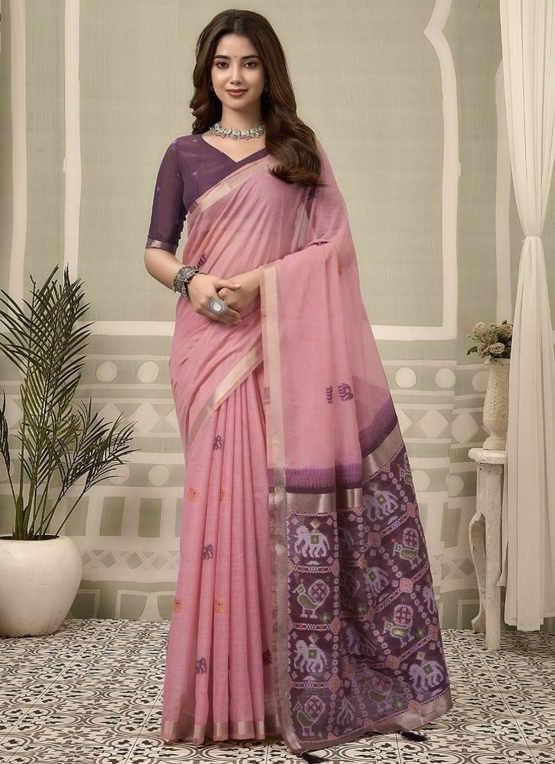 Peach cotton woven zari border patola pallu with fancy tassels casual wear saree