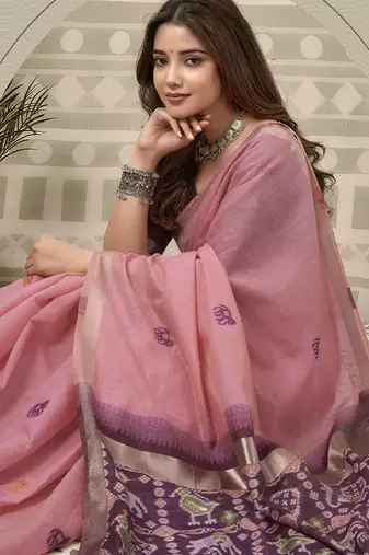 Peach cotton woven zari border patola pallu with fancy tassels casual wear saree