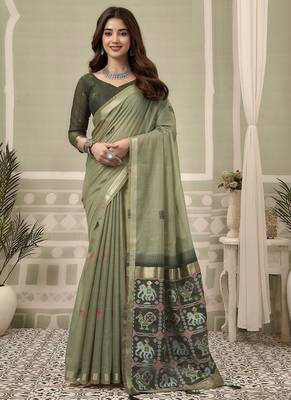 Olive cotton woven zari border patola pallu with fancy tassels casual wear saree 1