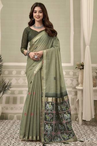 Olive cotton woven zari border patola pallu with fancy tassels casual wear saree