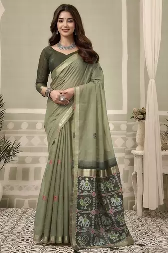 Olive cotton woven zari border patola pallu with fancy tassels casual wear saree