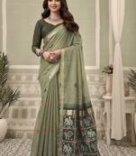 Olive cotton woven zari border patola pallu with fancy tassels casual wear saree