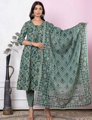 Women Printed Regular Thread Work Pure Cotton Kurta with Trousers & With Dupatta 1