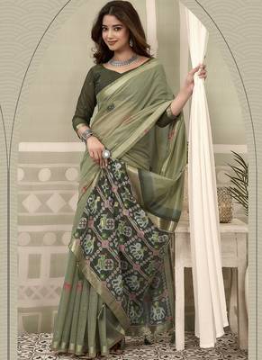Olive cotton woven zari border patola pallu with fancy tassels casual wear saree 2