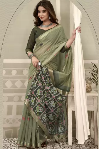Olive cotton woven zari border patola pallu with fancy tassels casual wear saree