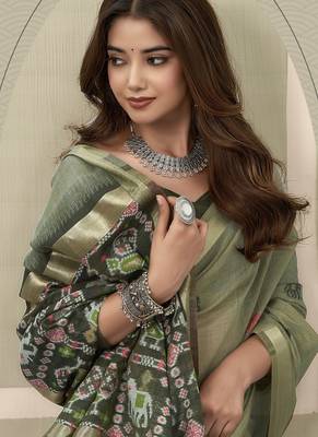 Olive cotton woven zari border patola pallu with fancy tassels casual wear saree 3