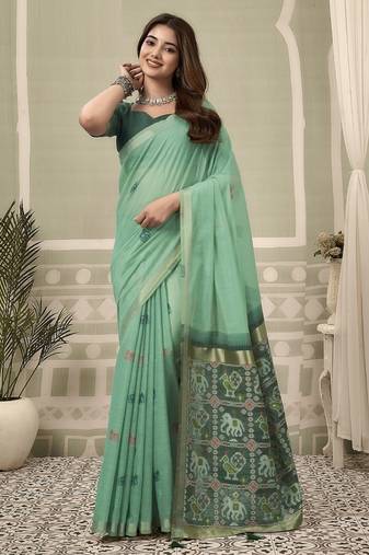 Turquoise cotton woven zari border patola pallu with fancy tassels casual wear saree