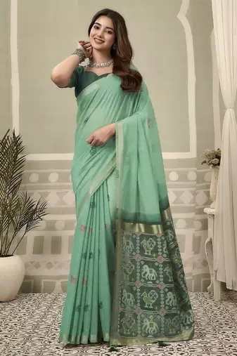 Turquoise cotton woven zari border patola pallu with fancy tassels casual wear saree