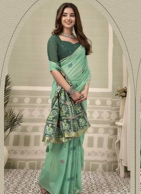 Turquoise cotton woven zari border patola pallu with fancy tassels casual wear saree 2