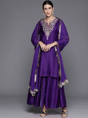 Floral Thread Embroidered Sequinned Chanderi Silk Kurta & Palazzos With Dupatta 1