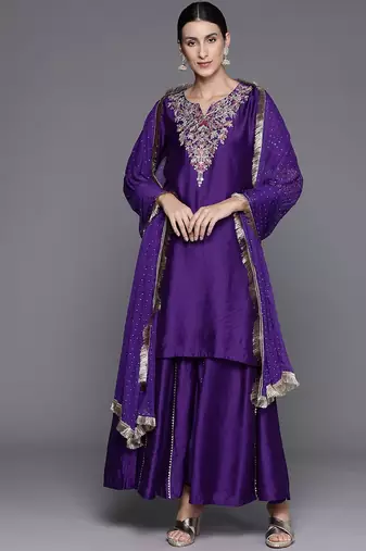Floral Thread Embroidered Sequinned Chanderi Silk Kurta & Palazzos With Dupatta