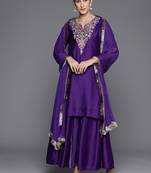 Floral Thread Embroidered Sequinned Chanderi Silk Kurta & Palazzos With Dupatta