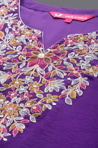Floral Thread Embroidered Sequinned Chanderi Silk Kurta & Palazzos With Dupatta