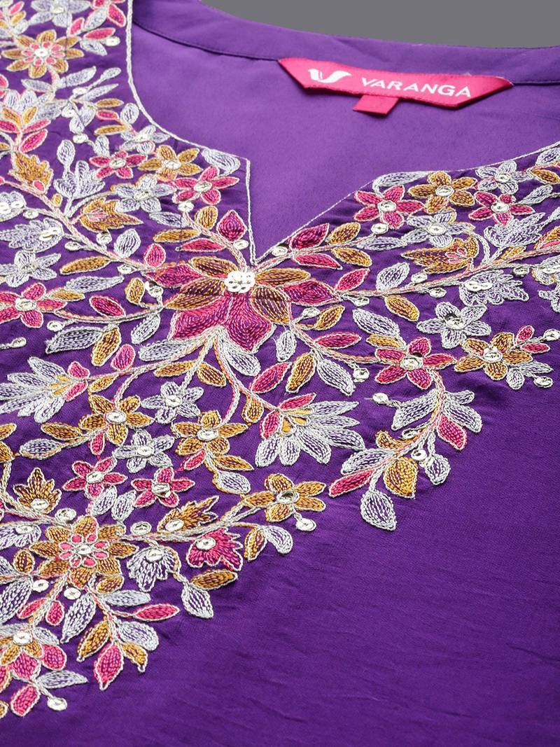 Floral Thread Embroidered Sequinned Chanderi Silk Kurta & Palazzos With Dupatta