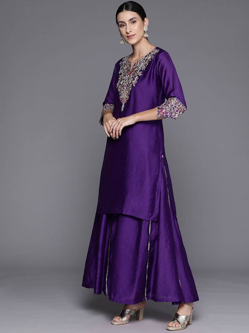 Floral Thread Embroidered Sequinned Chanderi Silk Kurta & Palazzos With Dupatta