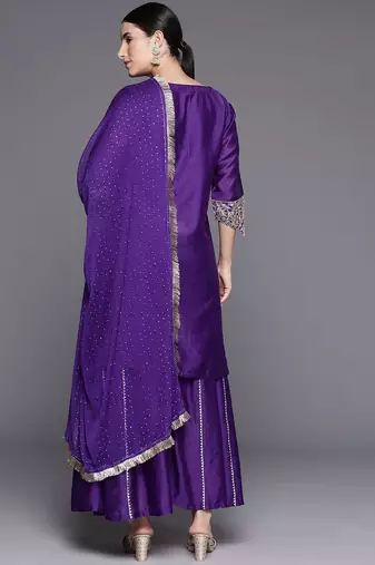 Floral Thread Embroidered Sequinned Chanderi Silk Kurta & Palazzos With Dupatta