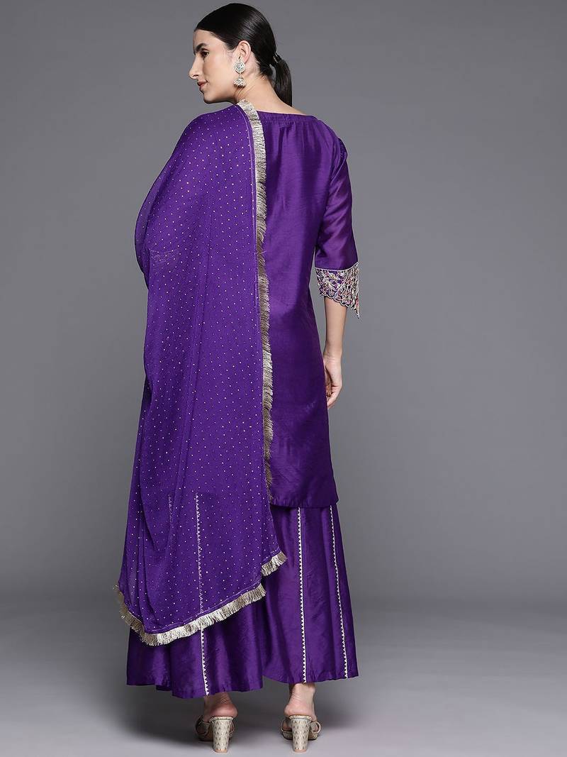 Floral Thread Embroidered Sequinned Chanderi Silk Kurta & Palazzos With Dupatta