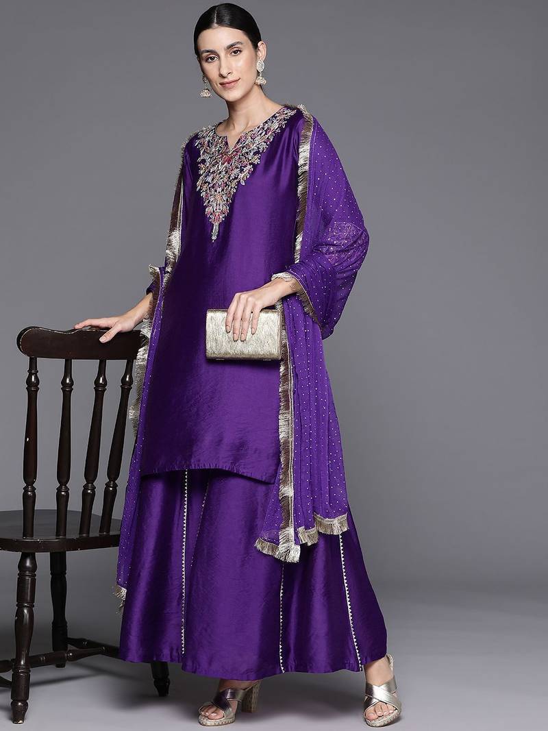 Floral Thread Embroidered Sequinned Chanderi Silk Kurta & Palazzos With Dupatta