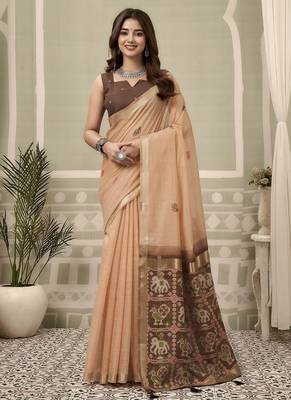 Light orange cotton woven zari border patola pallu with fancy tassels casual wear saree 1