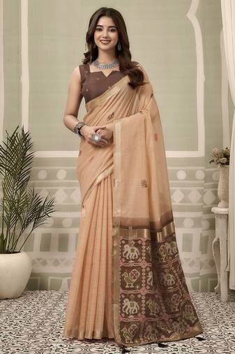 Light orange cotton woven zari border patola pallu with fancy tassels casual wear saree
