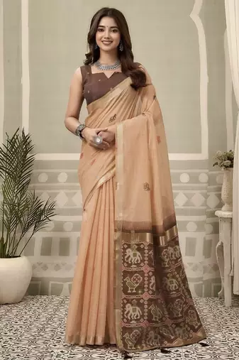 Light orange cotton woven zari border patola pallu with fancy tassels casual wear saree
