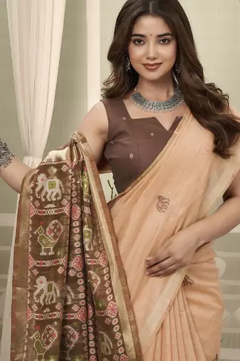 Light orange cotton woven zari border patola pallu with fancy tassels casual wear saree