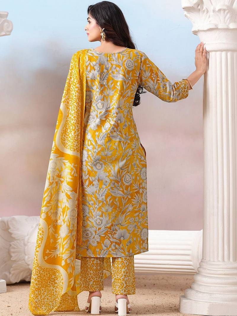 Women Floral Printed Regular Thread Work Kurta with Trousers & With Dupatta