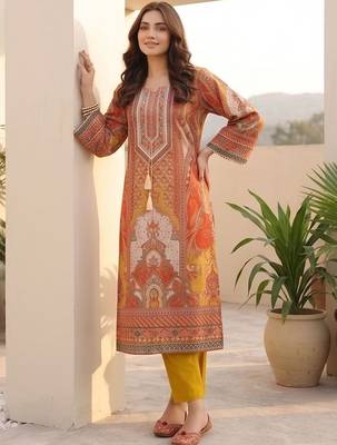 Women Ethnic Motifs Printed Regular Chanderi Silk Kurta with Trousers 1
