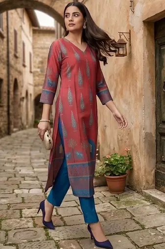 Women Ethnic Motifs Printed Regular Chanderi Silk Kurta with Trousers
