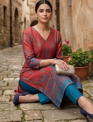 Women Ethnic Motifs Printed Regular Chanderi Silk Kurta with Trousers 4