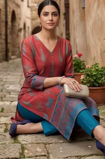 Women Ethnic Motifs Printed Regular Chanderi Silk Kurta with Trousers