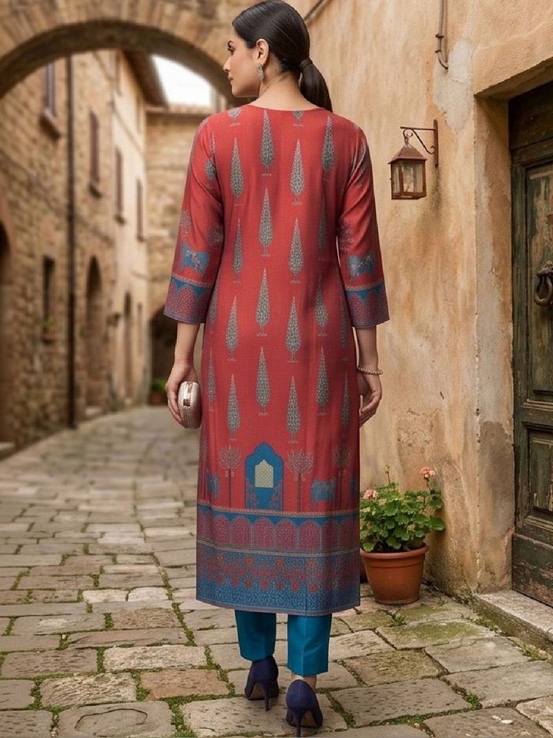 Women Ethnic Motifs Printed Regular Chanderi Silk Kurta with Trousers