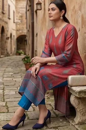 Women Ethnic Motifs Printed Regular Chanderi Silk Kurta with Trousers