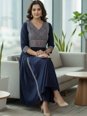 Women Ethnic Motifs Embroidered Pleated Kurta with Trousers 2