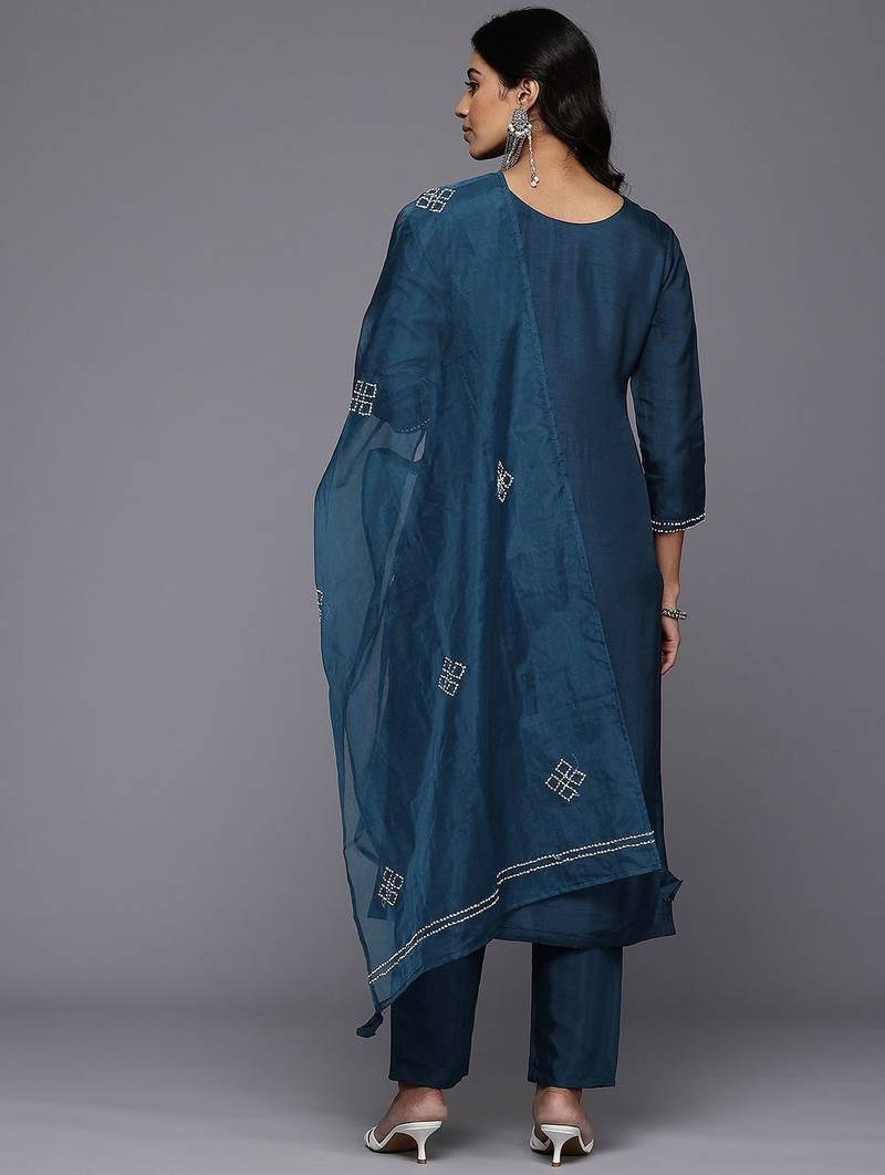 Embroidered Thread Work Chanderi Silk Kurta With Trousers & Dupatta