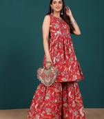 Women Floral Embroidered Regular Thread Work Pure Cotton Kurti with Sharara