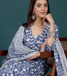 Floral Printed V-Neck Pure Cotton Straight Kurta With Trousers & Dupatta