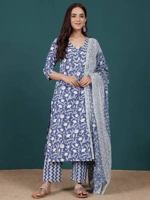 Floral Printed V-Neck Pure Cotton Straight Kurta With Trousers & Dupatta 1