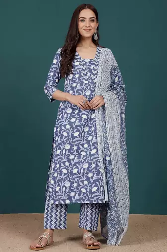 Floral Printed V-Neck Pure Cotton Straight Kurta With Trousers & Dupatta