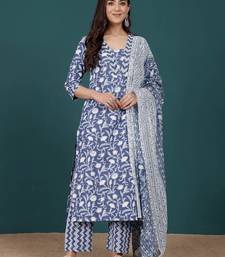 Floral Printed V-Neck Pure Cotton Straight Kurta With Trousers & Dupatta