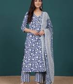 Floral Printed V-Neck Pure Cotton Straight Kurta With Trousers & Dupatta